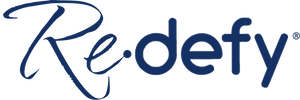 Company logo for Re.defy, featuring "Re." in a dark blue script font and "defy" in a dark blue sans-serif font.