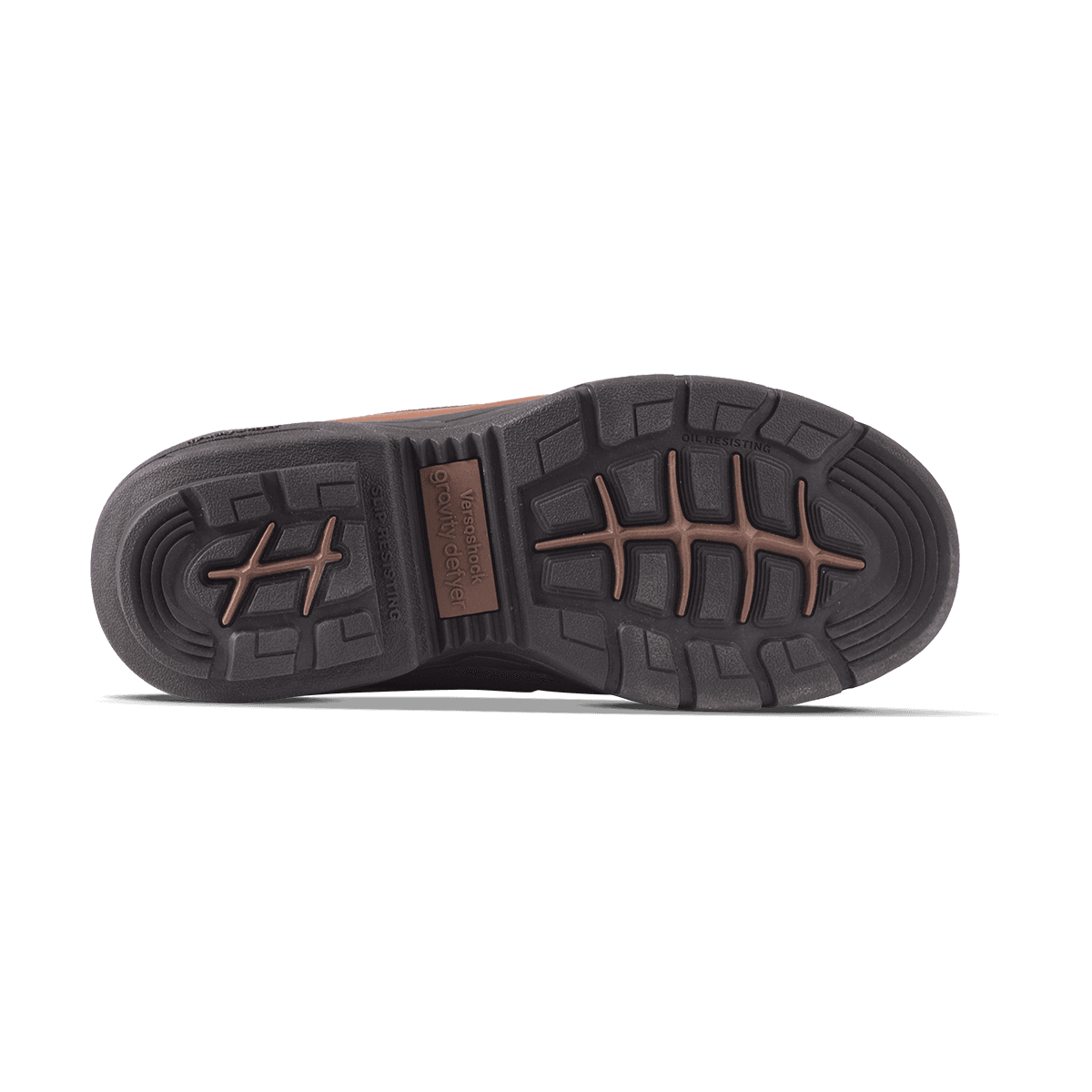 Bottom of a brown work boot with a dark brown slip-resisting and oil-resisting sole, featuring Versoshock Gravity Defyer bran