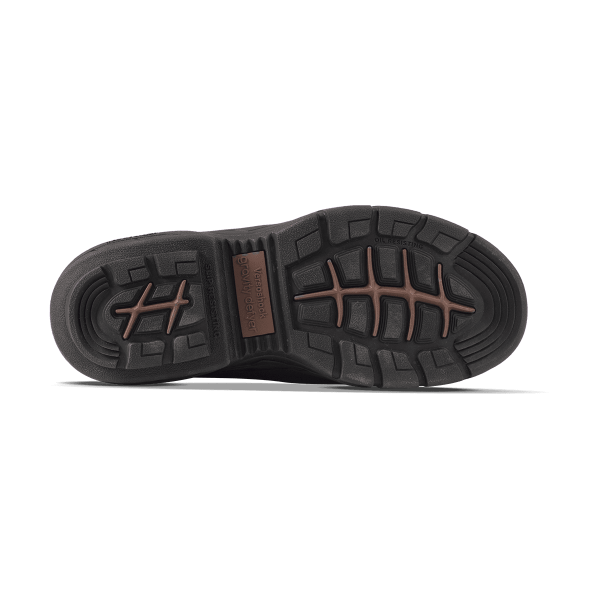 Dark brown rubber shoe sole featuring a rugged tread pattern with lighter brown accents, "Slip Resistant" and "Oil Resisting"