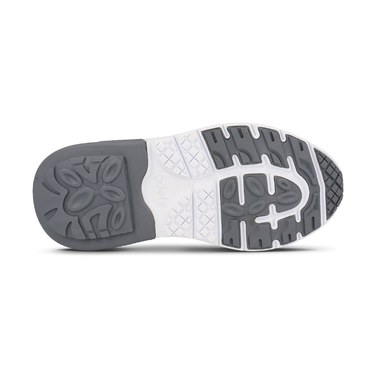 Bottom view of a sneaker sole in gray and white, featuring a multi-directional traction pattern and the 'gdefy' brand name.