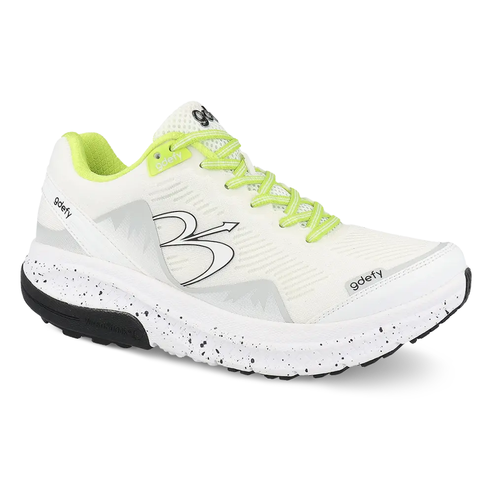 Mighty Walk sneaker with VersoShock® technology, breathable mesh upper, and lime green accents.