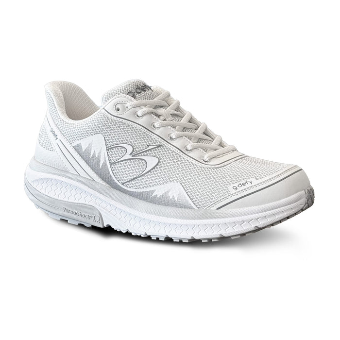 White gdefy athletic sneaker with mesh upper and silver accents, showing the thick VersoShock sole from an angle.