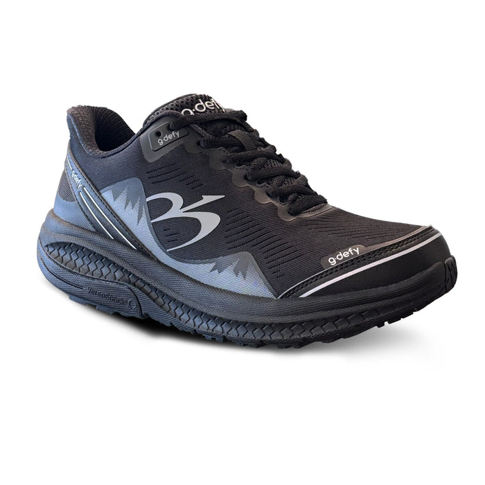 Black men's G-Defy athletic shoe with textured mesh upper, thick VersoShock sole, and silver accents.