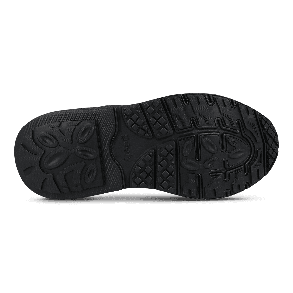 Black sneaker sole with textured tread, featuring "go defy" logo and various grip patterns for traction.