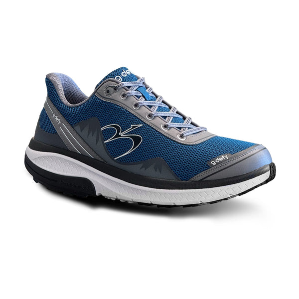 Blue and grey athletic shoe with mesh upper, white midsole, and black outsole, angled view.