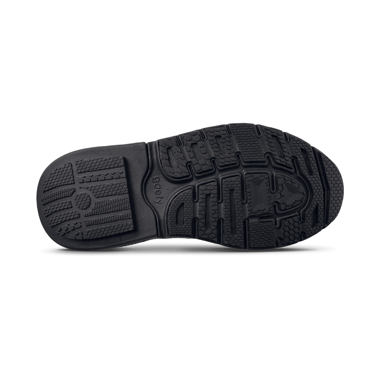 Black shoe sole with textured tread pattern and "gdefy" logo visible on the arch.