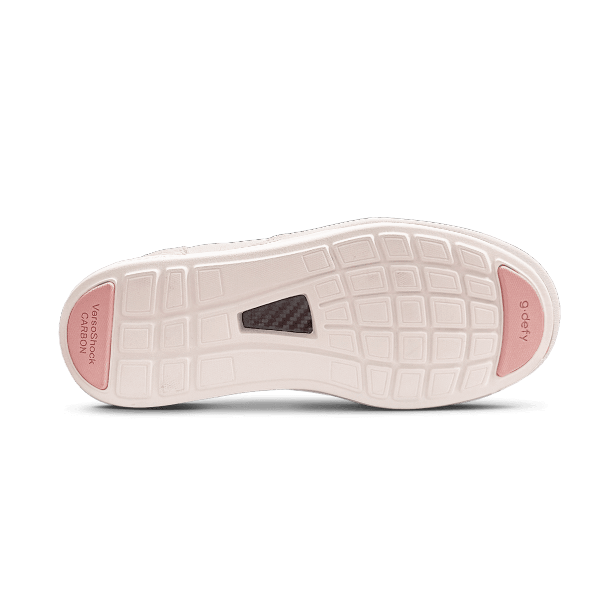 Bottom of a light pink shoe sole featuring a grid pattern, dark pink VersoShock Carbon toe pad and g.defy heel pad.