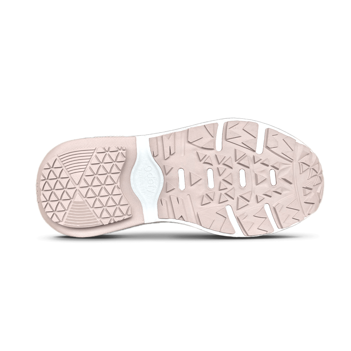 Bottom view of a blush pink shoe sole featuring a durable rubber tread with geometric patterns and white details.