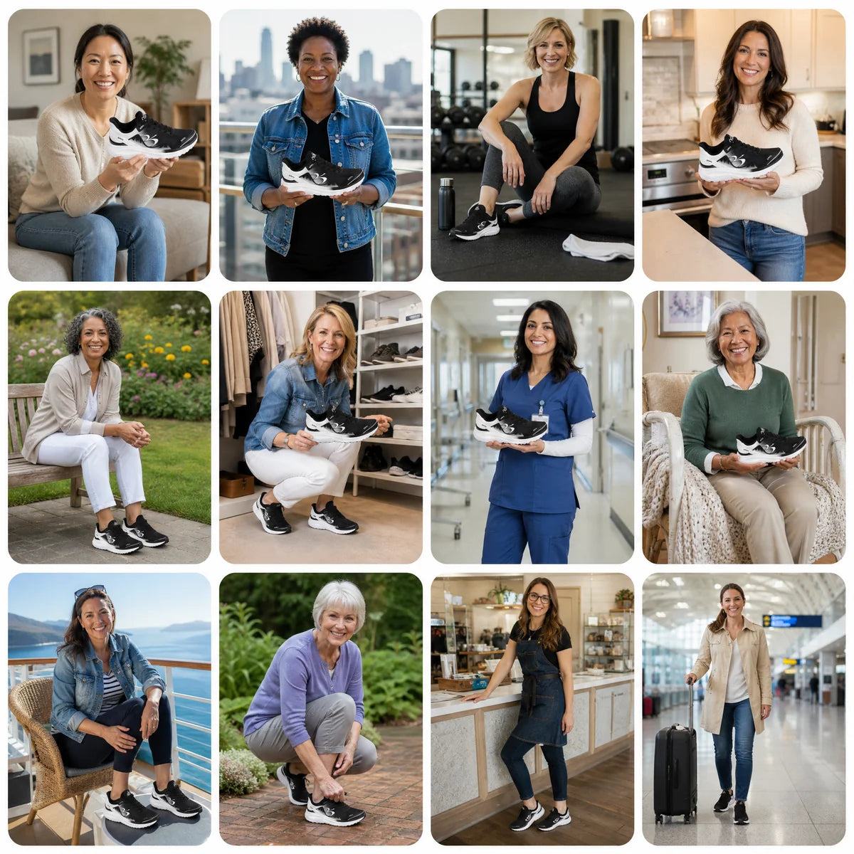 Illustrative campaign montage of women and supportive footwear, not customer testimonials