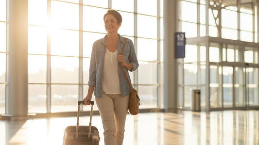 Traveler walking through a bright airport terminal with a rolling carry-on bag on a comfortable travel day