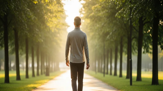 Person walking on a sunlit tree-lined park path, framed from behind to show an active everyday stride