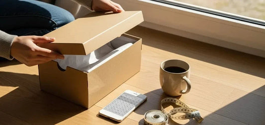 Hands lifting the lid off a shoe box at home beside a phone size chart and measuring tape, illustrating how to buy comfortable shoes online with confidence