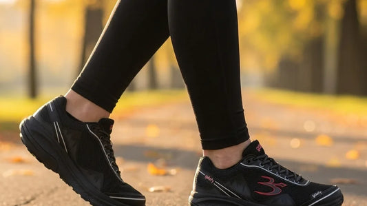 Active adult walking on a sunlit park path wearing black G-Defy Mighty Walk comfort shoes with cushioned shock-absorbing midsoles