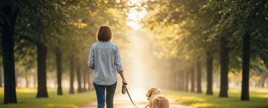 Active adult walking a dog along a sunlit tree-lined park path on a comfortable daily walk