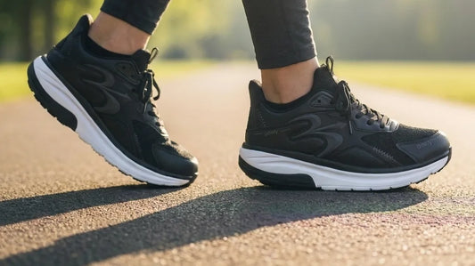 Active adult walking on a sunlit park path wearing black G-Defy Energiya athletic shoes