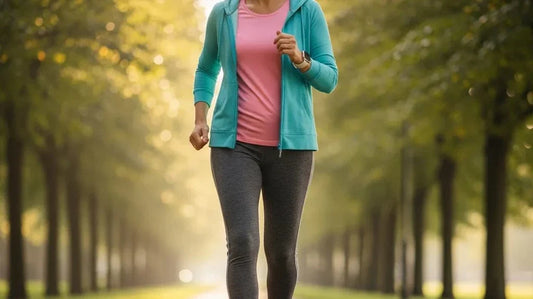 Active adult walking briskly on a sunlit park path, illustrating responsive energy return in comfortable walking shoes