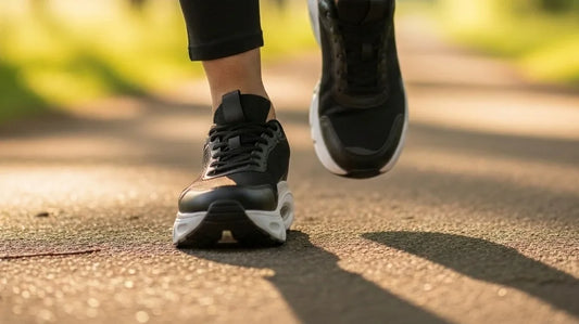 Active adult walking mid-stride on a sunlit park path in G-Defy Mighty Walk comfort walking shoes