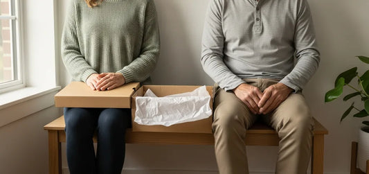 Two adults sitting on an entryway bench with a new shoe box between them, planning how to break in new shoes comfortably