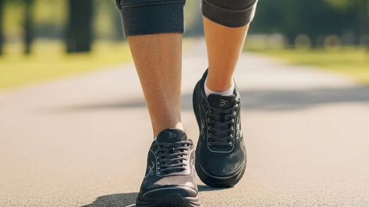 Person walking on a park path in cushioned G-Defy Mighty Walk shoes, viewed at ground level mid-stride