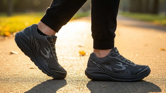 Close-up of a person mid-stride on a sunlit park path wearing G-Defy Mighty Walk comfort walking shoes