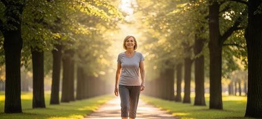 Person walking comfortably outdoors on a sunlit tree-lined path, framed above the feet