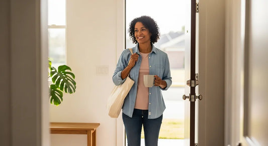 Active adult stepping out the front door in the morning, ready for a comfortable day of walking