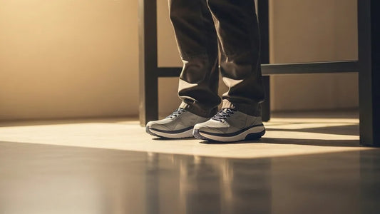 Close view of feet in grey G-Defy athletic walking shoes standing still on a concrete floor at a workbench, illustrating shoes for standing all day and back comfort