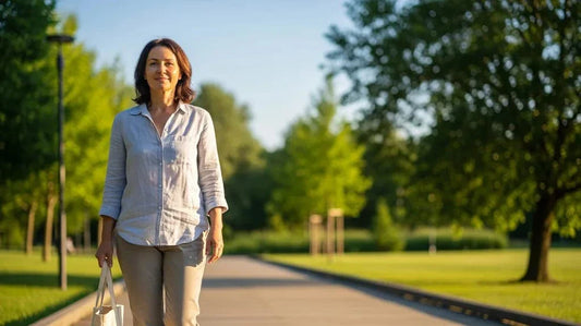Active adult walking outdoors on a sunny summer day choosing comfortable footwear