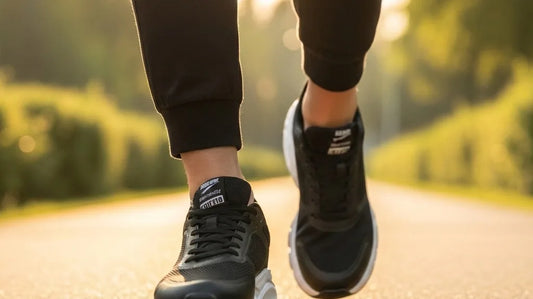 Close-up of legs walking mid-stride on a sunlit park path wearing cushioned G-Defy Mighty Walk comfort shoes