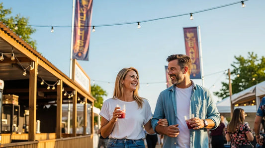 Two active adults walking together at a sunny summer outdoor festival, comfortable and confident for a full day of standing and walking