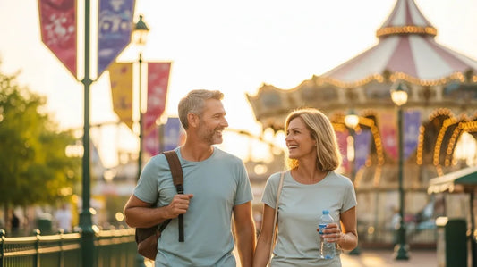 Two adults walking through a sunny theme park promenade carrying a day bag, framed from the waist up
