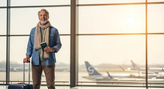 Active adult traveler with a passport and carry-on suitcase in a sunlit airport terminal, ready for a comfortable trip