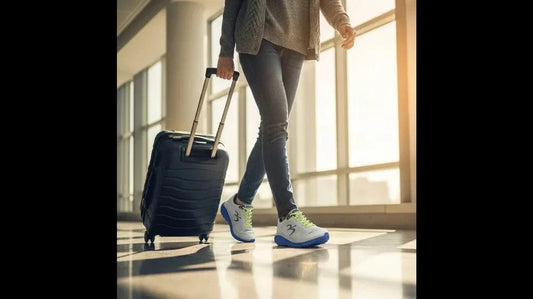 Traveler walking through a sunlit airport concourse in gray-blue Mighty Walk comfortable travel shoes, feet-level view with a rolling suitcase