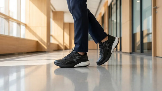 G-Defy ZenWalk black leather-look walking shoes worn mid-stride on a polished office corridor floor