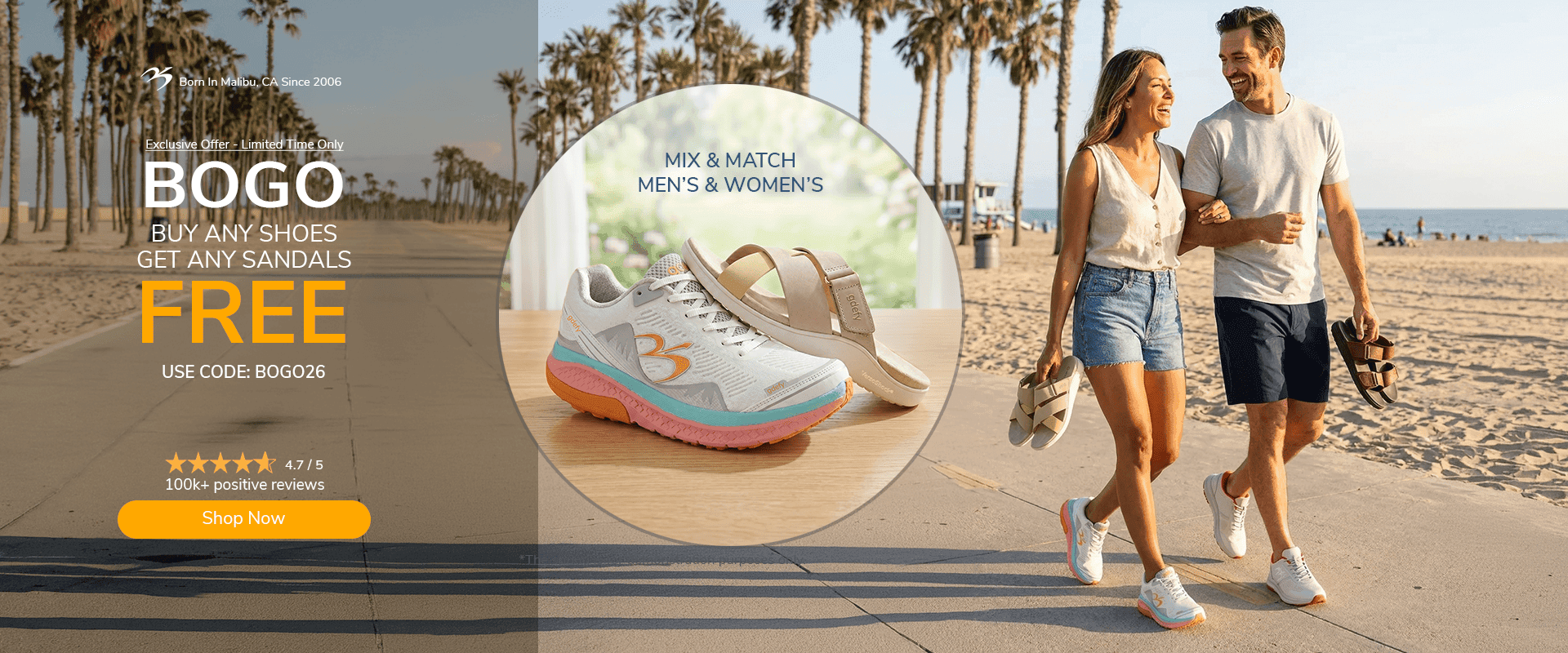 White sneakers with colorful soles and beige sandals. A couple walks on a beach boardwalk, wearing shoes and carrying sandals