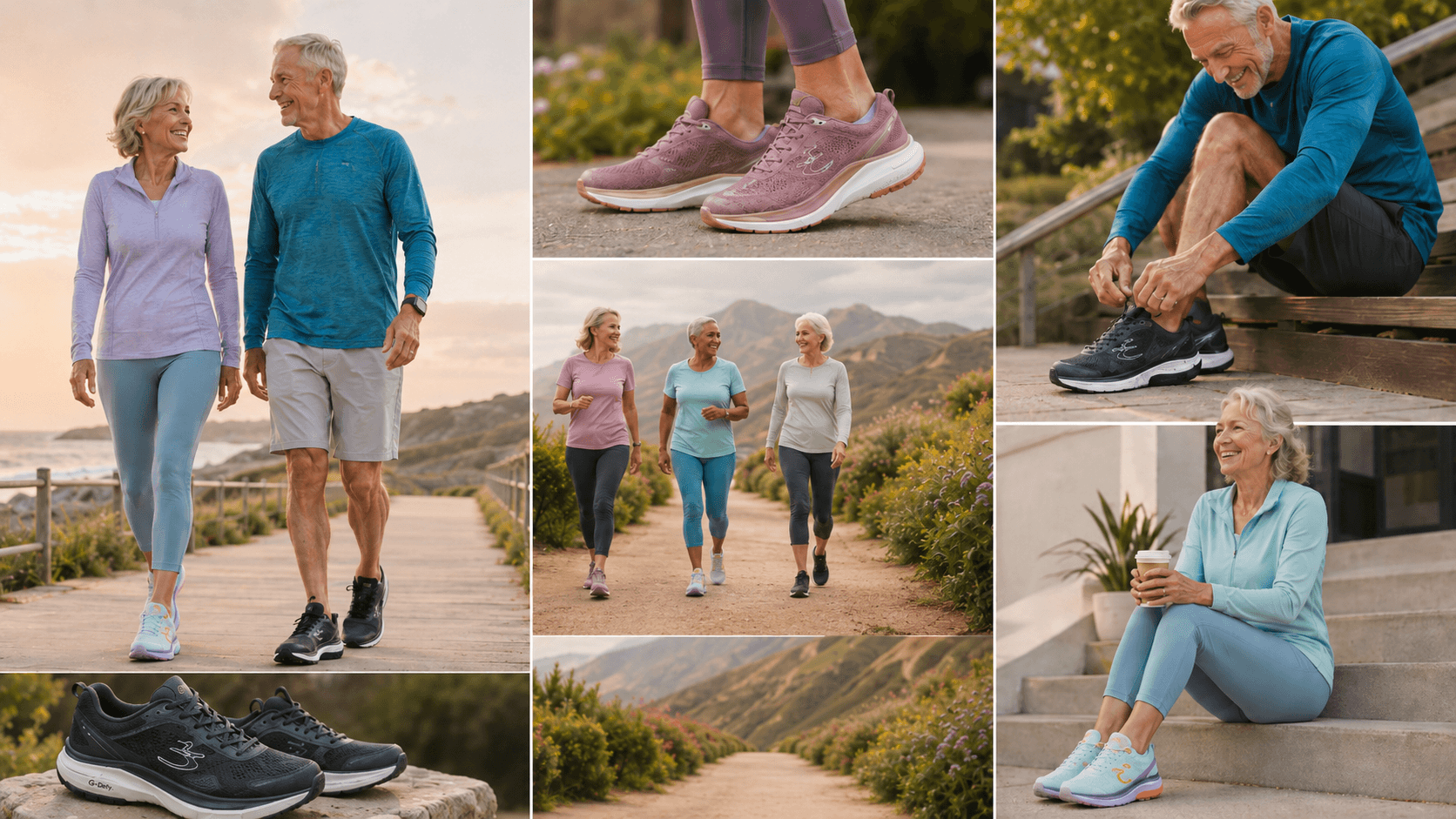 Athletic shoes in mauve, black, and light blue, worn by active older adults walking and exercising outdoors.