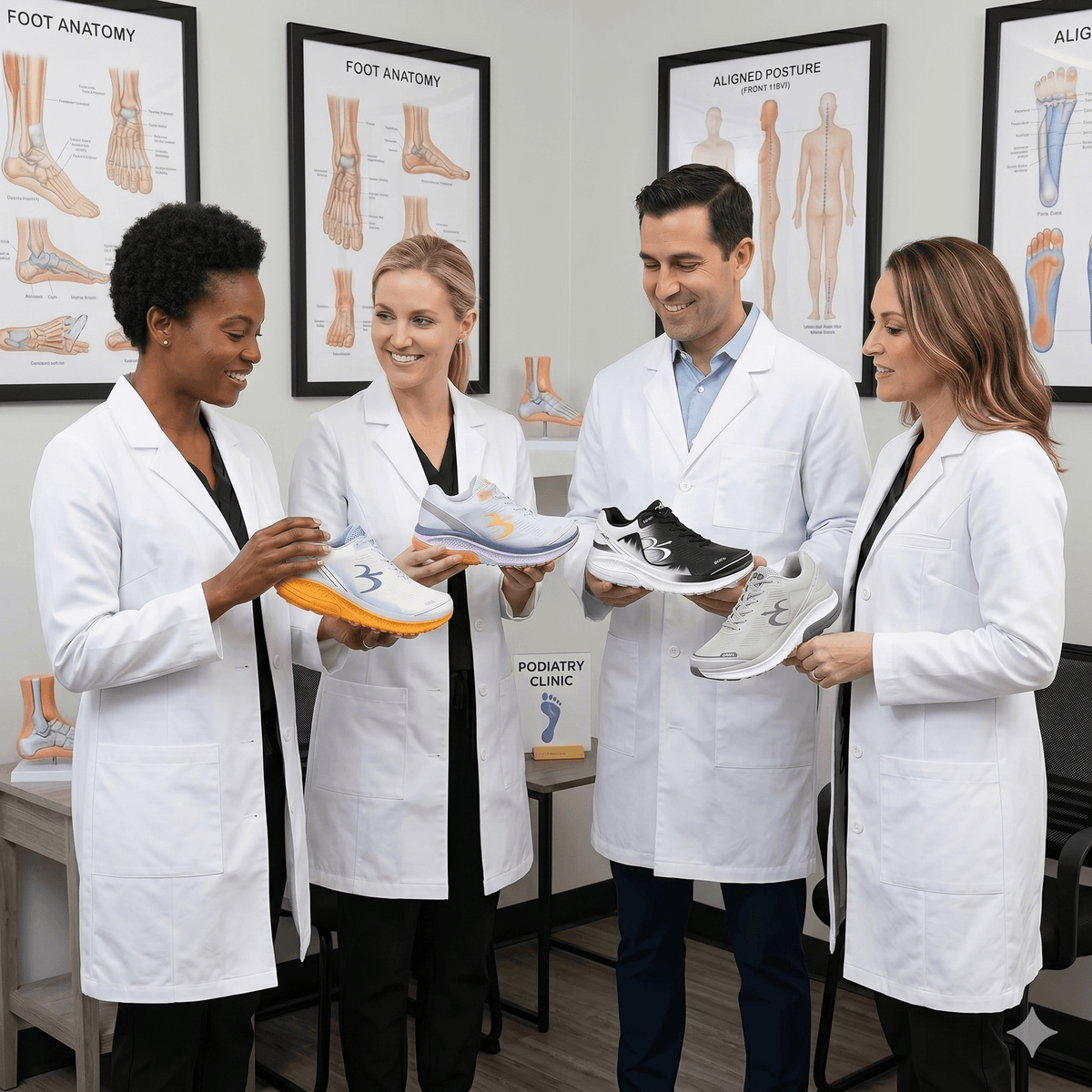 Four doctors in lab coats holding and examining various colorful athletic shoes in a podiatry clinic setting.