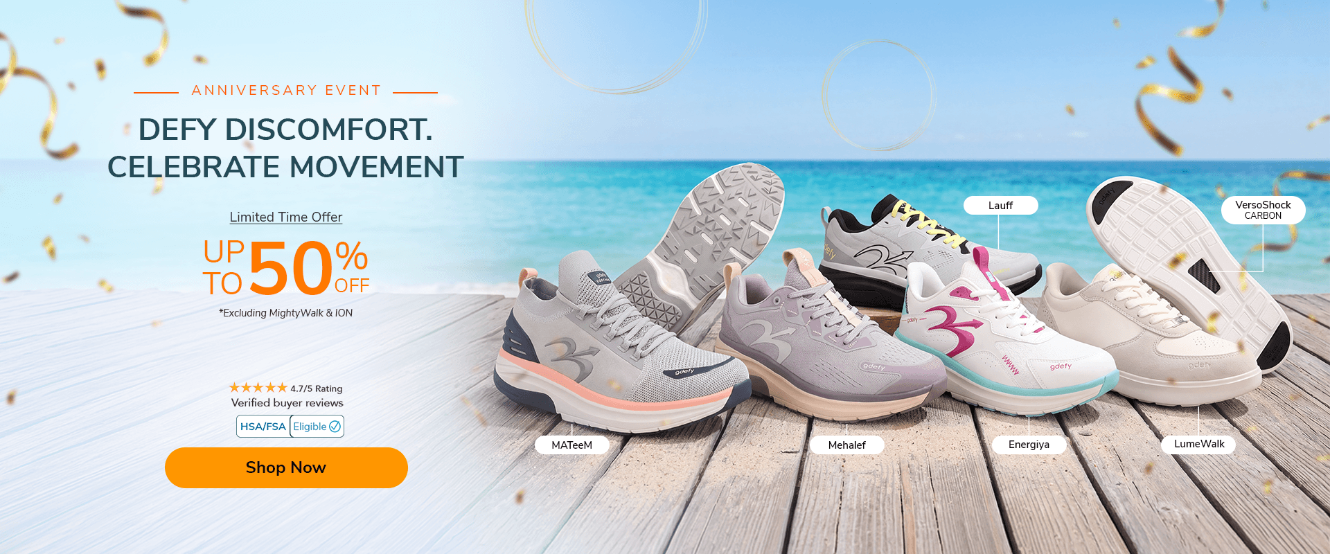 Collection of colorful athletic and walking shoes on a wooden deck by the ocean, with confetti, promoting an anniversary sale