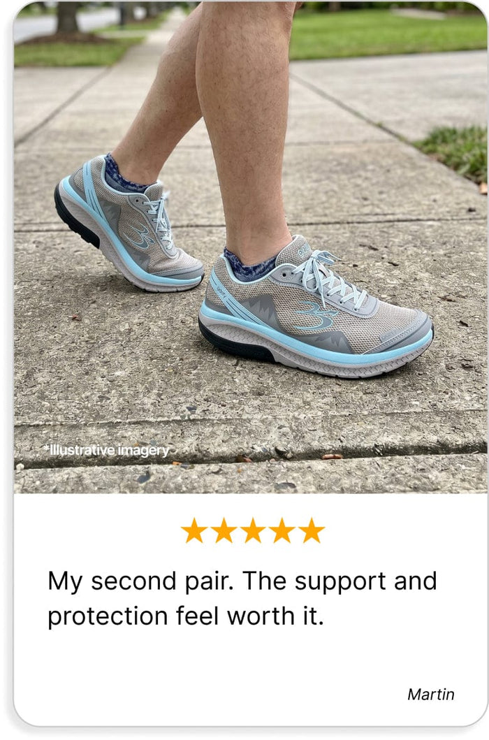 Grey mesh walking shoes with light blue accents on a person's feet, walking on a concrete sidewalk.