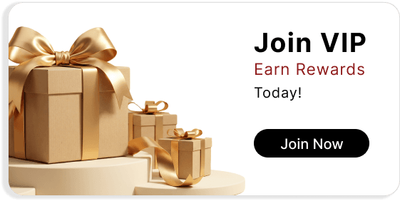 Three tan gift boxes with gold ribbons and bows on a tiered display, next to "Join VIP Earn Rewards Today! Join Now" text