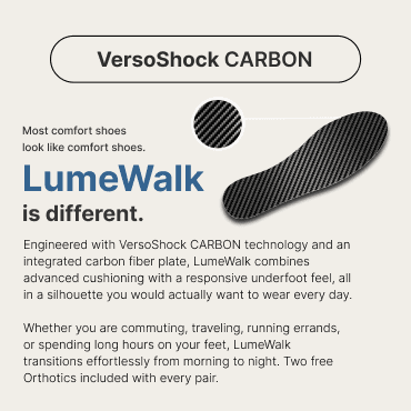Shoe insole with a black carbon fiber pattern, highlighting LumeWalk technology for advanced cushioning.