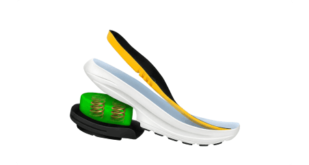 Athletic shoe sole cross-section showing white midsole, black outsole, yellow insole, and green internal springs.