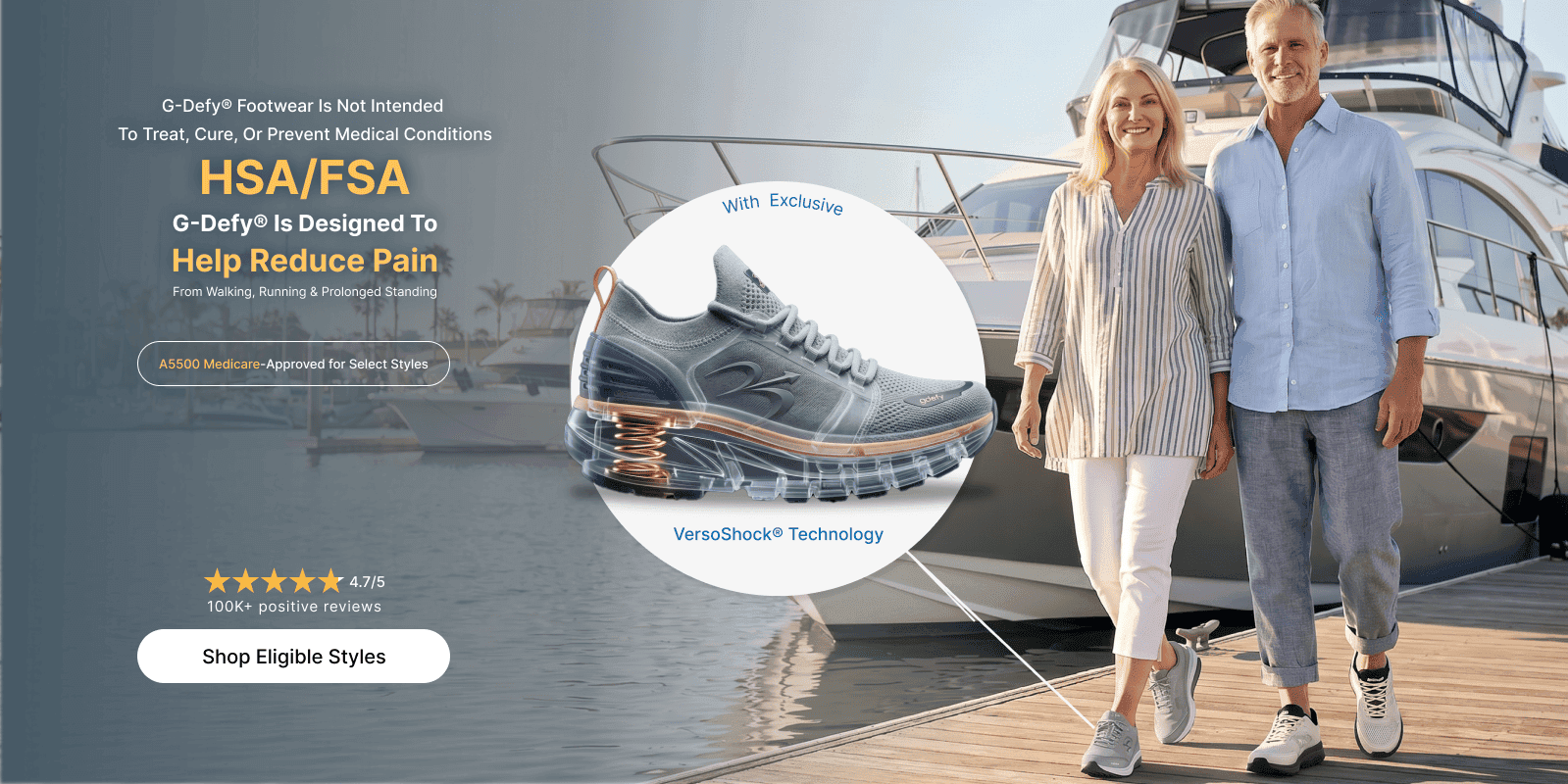 G-Defy gray walking shoe with clear VersoShock sole and copper springs. A couple walks on a dock in G-Defy shoes.