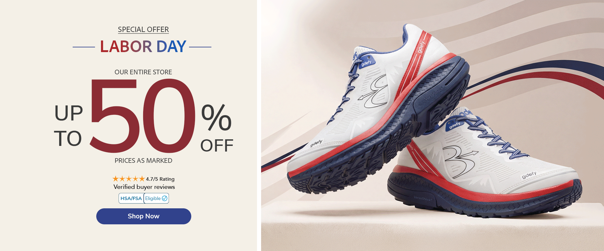Pair of GDefy athletic shoes in white with blue soles and red accents, promoting a Labor Day sale.