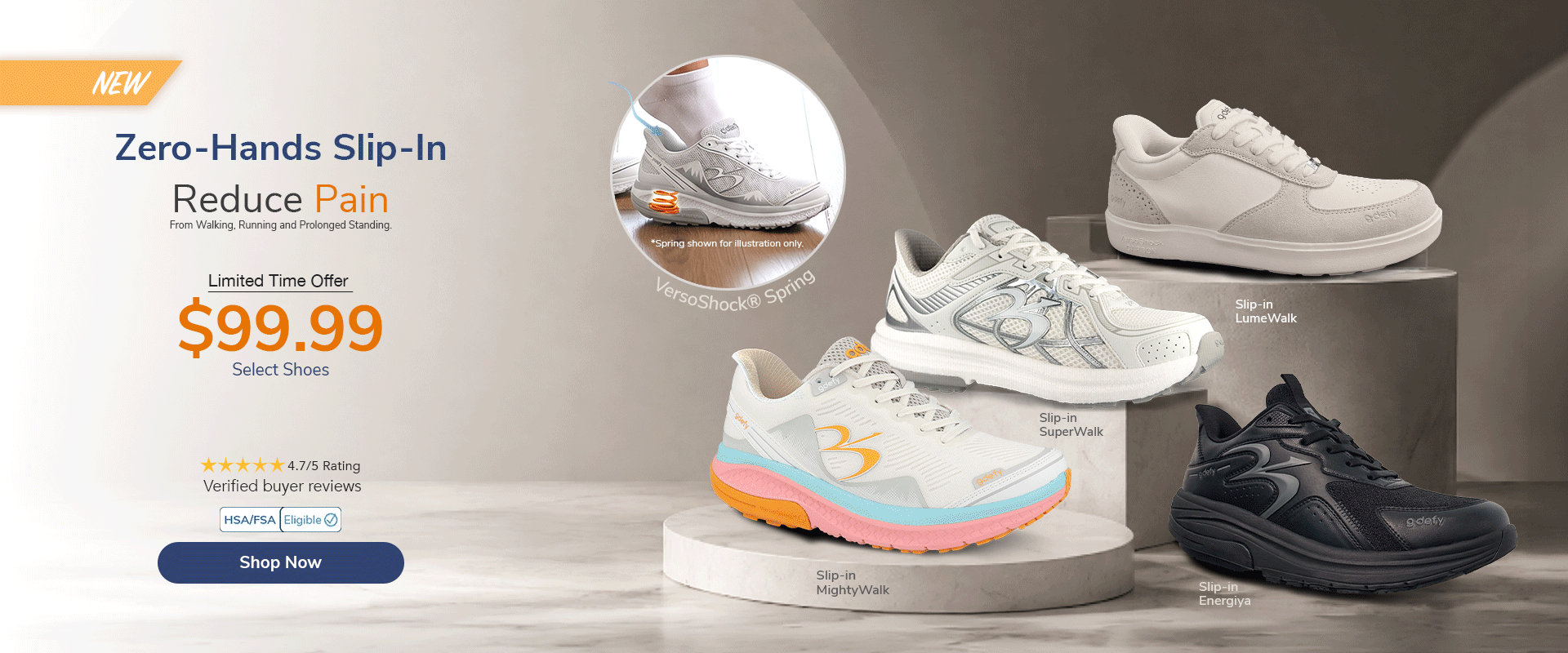 Zero-Hands Slip-In shoes for pain reduction: white SuperWalk, multi-color MightyWalk, black Energiya, and white LumeWalk styl