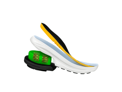 Exploded view diagram of a shoe sole with a white midsole, yellow and black insole, and green spring mechanism.