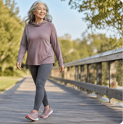 Woman walking on a wooden path, wearing a mauve hooded long-sleeve top, dark gray leggings, and pink athletic shoes.