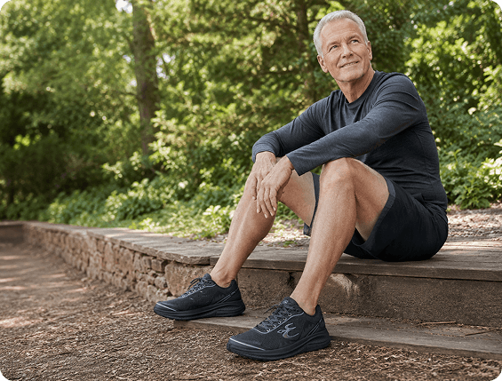 Black athletic shoes with mesh upper and thick soles, worn by a man relaxing on outdoor steps.