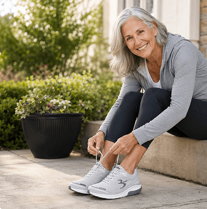 Smiling older woman with gray hair tying the laces of light gray athletic shoes while sitting on an outdoor step.