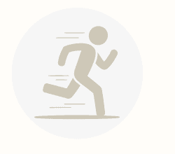 Beige stick figure icon of a person running with motion lines, representing speed or quickness, inside a light gray circle.